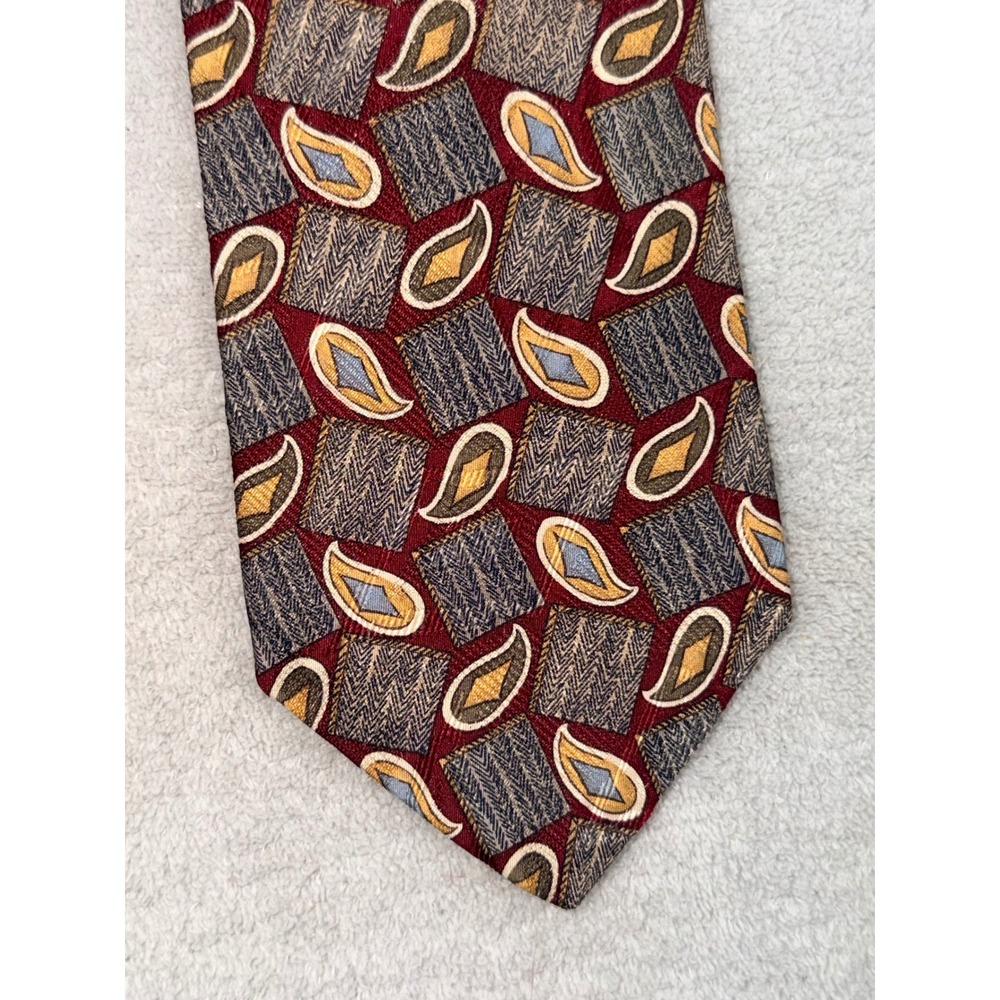 Boulder Trading Group Mens Silk Tie Burgundy Gold Geometric Teardrop Made in USA